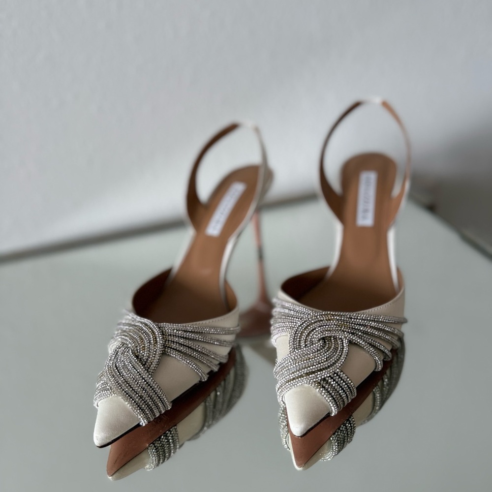 Worn once AQUAZZURA Gatsby 75 crystal-embellished satin slingback pumps - Picture 7 of 16
